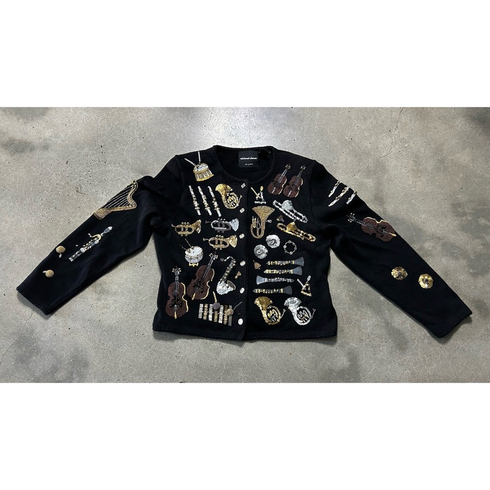 Michael Simon Instruments Music Sweater Beaded Black Size Large Vintage VGUC